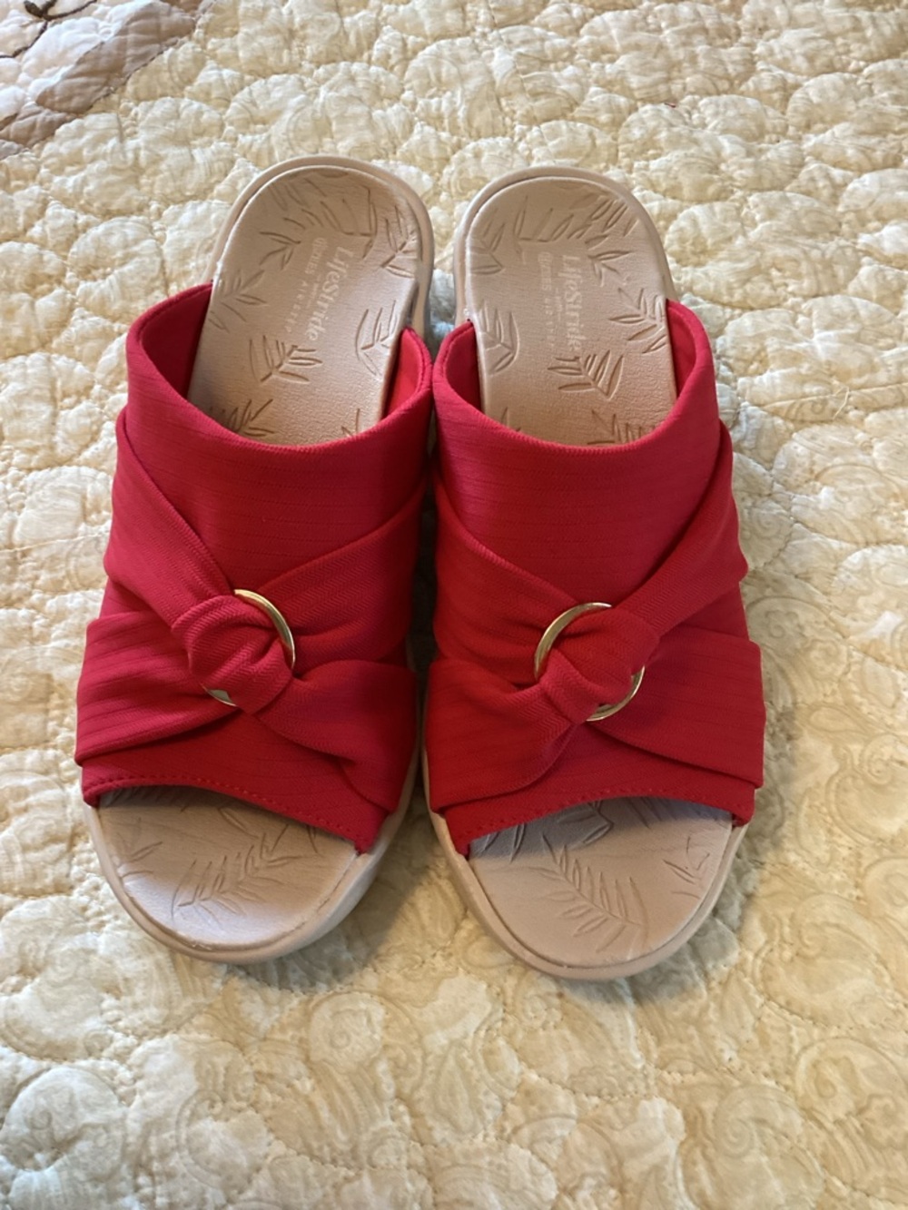 Life Stride Red Knotted Slide Sandals with Gold Ring